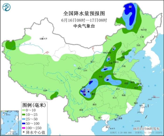 全国降水量预报图(6月16日8时-17日8时)