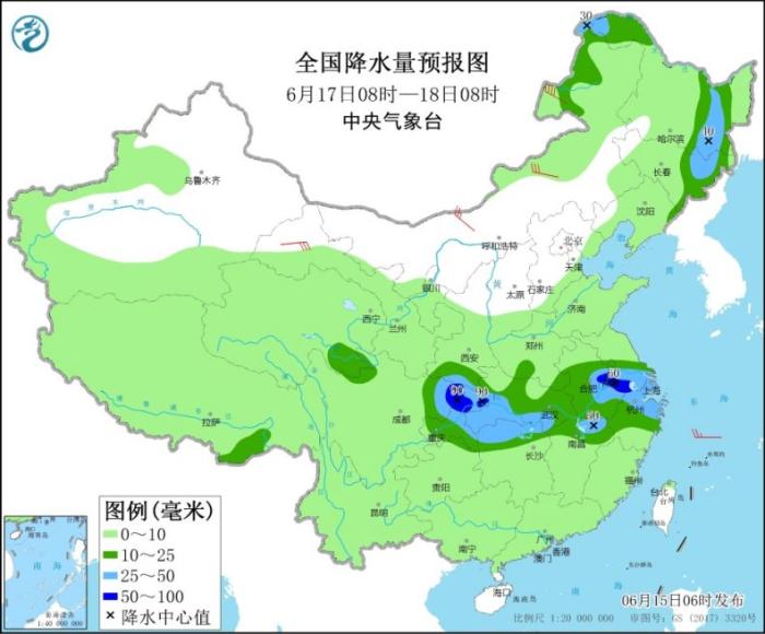 全国降水量预报图(6月17日8时-18日8时) 